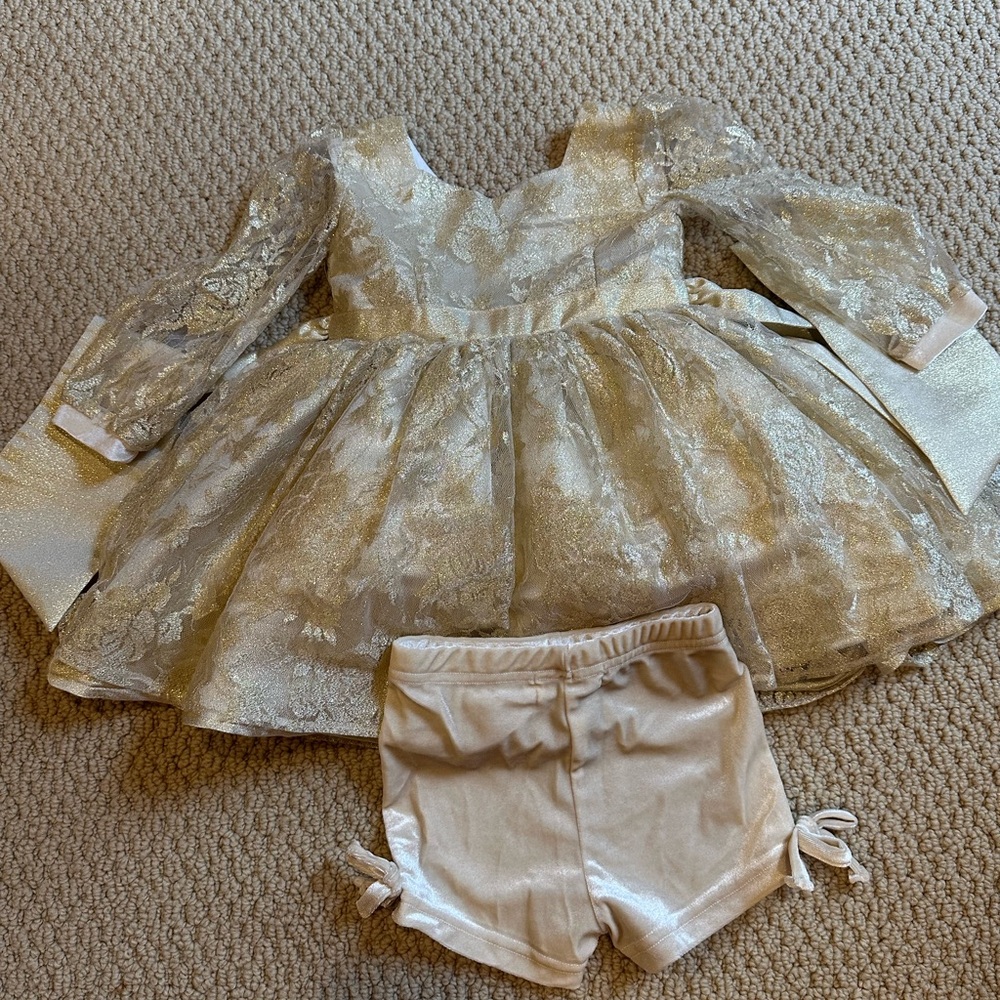 Charming Gold Lace Kids Dress with Shorts
